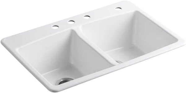 NEW KOHLER K-5846-4-0 Brookfield Top-Mount Double-Equal Bowl Kitchen Sink with 4 Faucet Holes, White