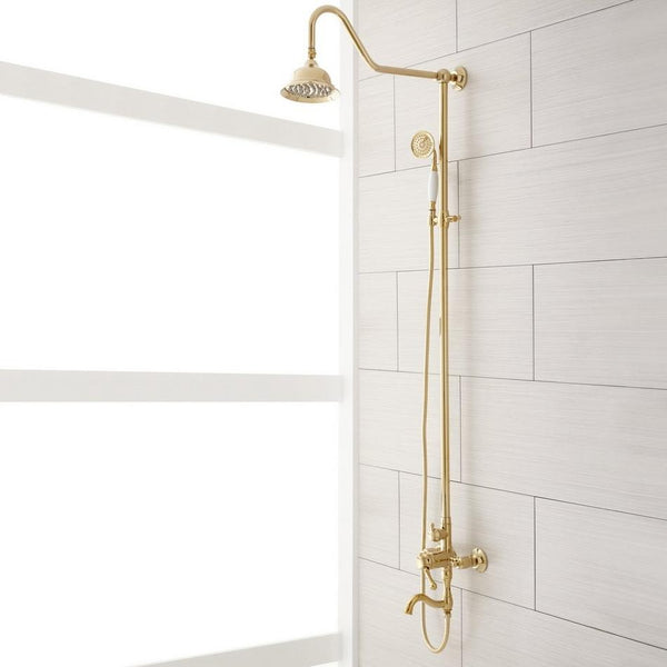 NEW Signature Hardware 429529 Dolwick Exposed Shower System with Rain Shower Head, Hand Shower, and Hose, Polished Brass