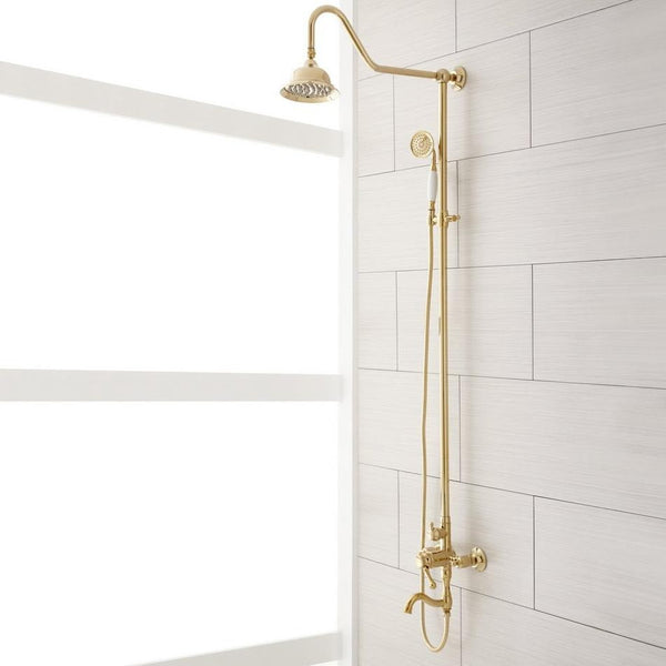 NEW Signature Hardware 429529 Dolwick Exposed Shower System with Rain Shower Head, Hand Shower, and Hose, Polished Brass