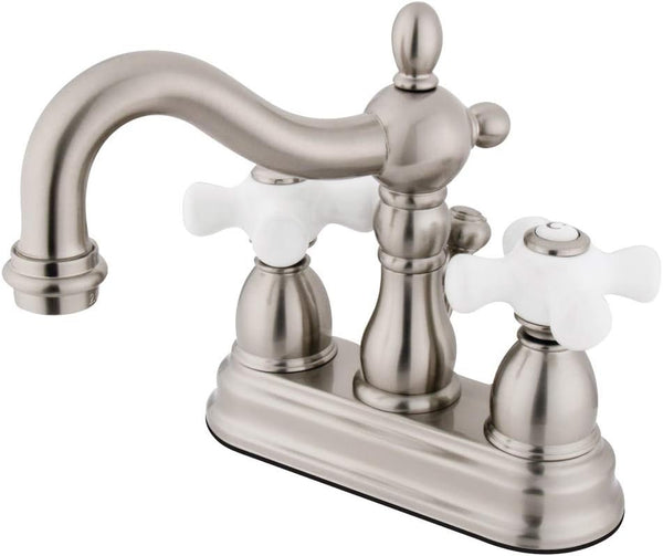NEW Signature Hardware Small Brass Cross Handles for Centerset Faucet - 16 spline - Hot & Cold Porcelain Inserts - Brushed Nickel