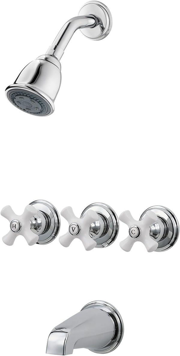 NEW Pfister LG01-8CPC Handle Tub & Shower Faucet With Porcelain Cross Handles Polished Chrome