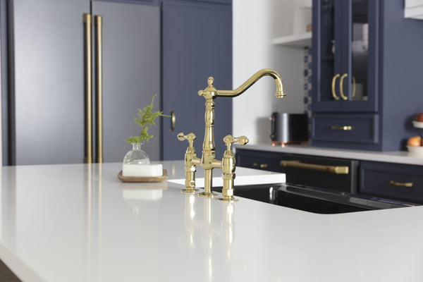 Signature Hardware 450651 Bellevue 1.8 GPM Double Handle Bridge Kitchen Faucet with Sidespray, Polished Brass-Read