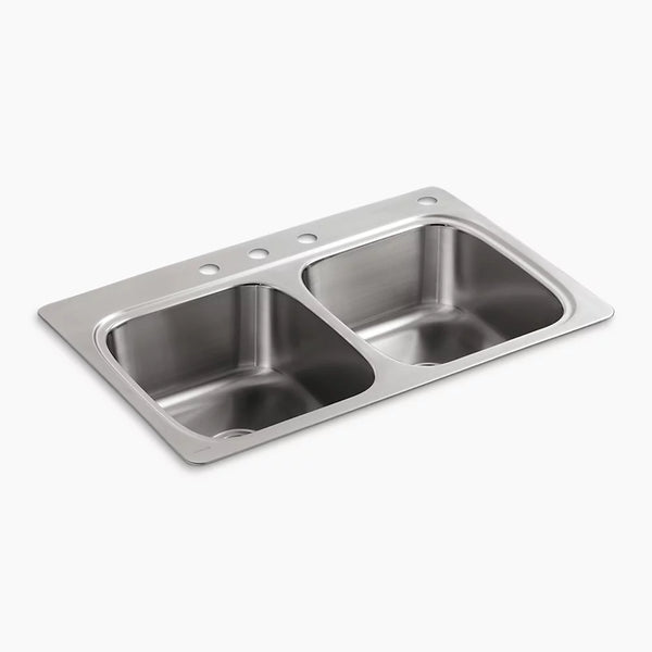 NEW KOHLER R3145-4-NA Cadence 33-in x 22-in Stainless Steel Double Equal Bowl Drop-In 4-Hole Commercial/Residential Kitchen Sink