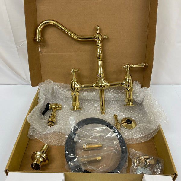 Signature Hardware Bellevue Bridge Kitchen Faucet with Brass Sprayer Polished Brass-Read