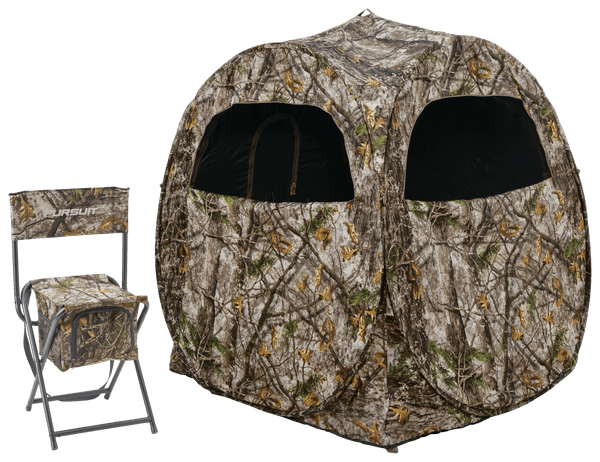 AS IS Bass pro Pursuit Hub Ground Blind with Collapsible Hunting Armchair Combo