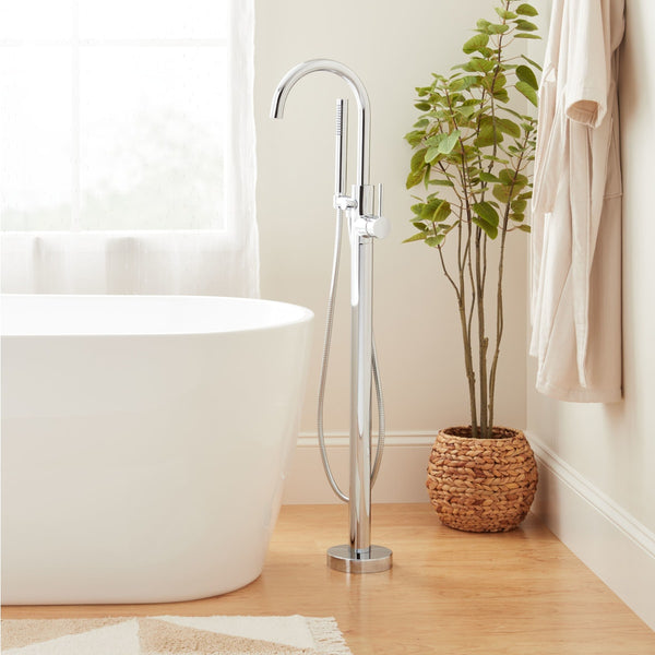 NEW Signature Hardware Lexia Freestanding Tub Faucet with Hand Shower and Rough-In Valve with Stops - Chrome